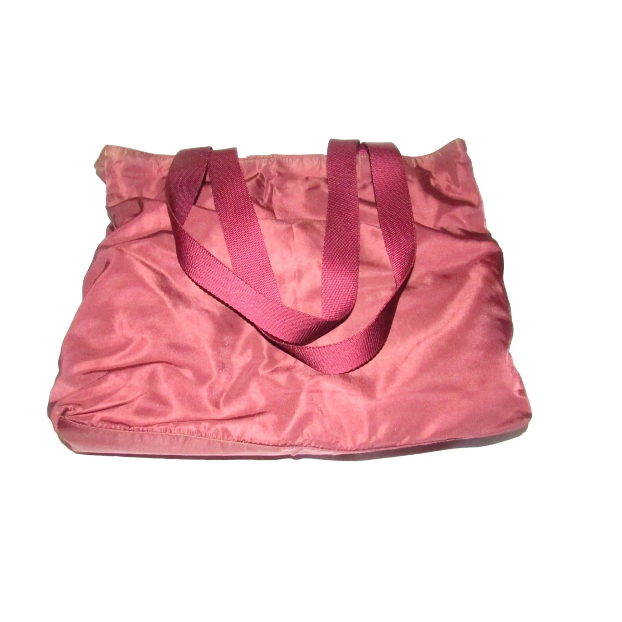1990s Prada, dark red nylon & patent leather, satchel or tote bag with two handles, multiple compartments & pockets, & chrome hardware