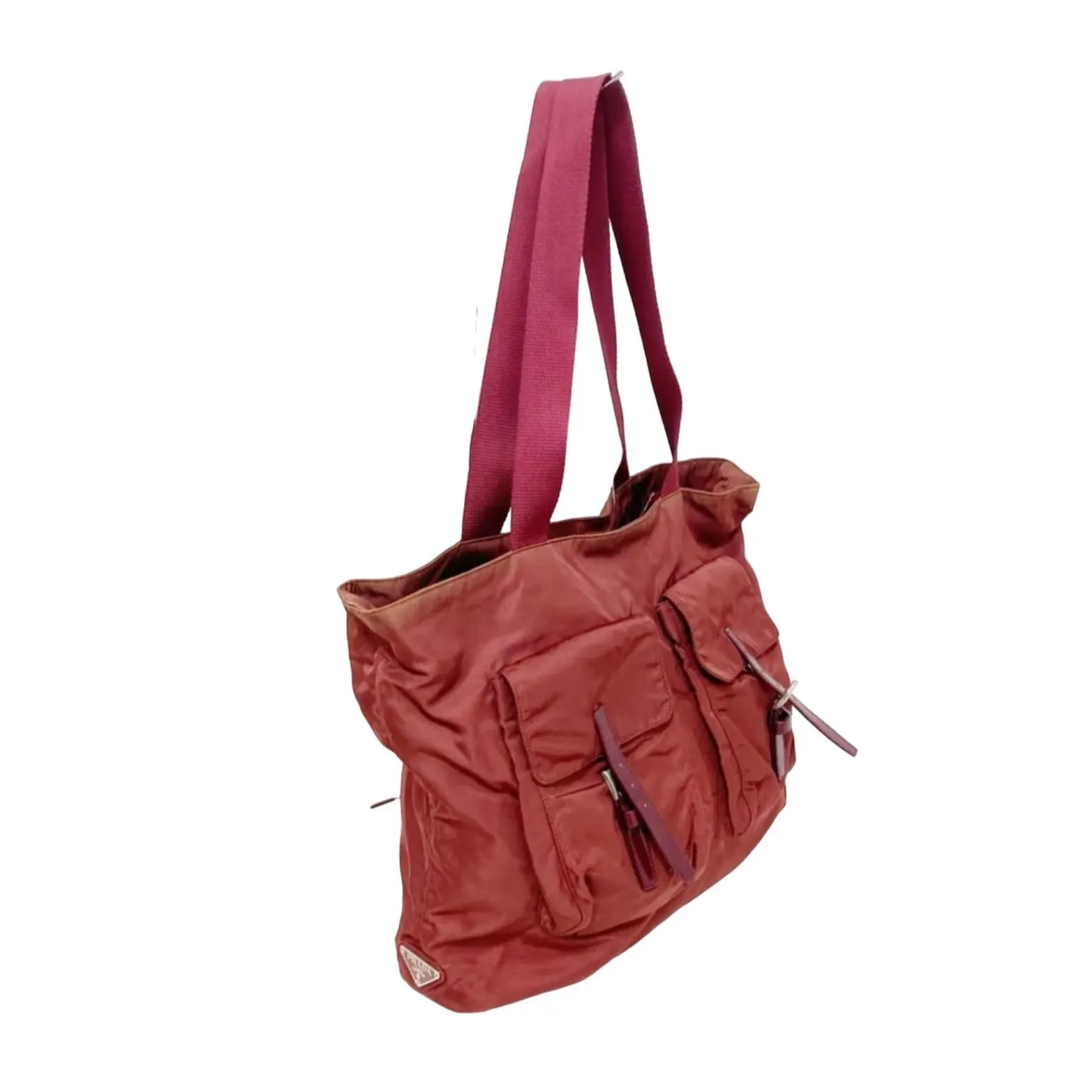 1990s Prada, dark red nylon & patent leather, satchel or tote bag with two handles, multiple compartments & pockets, & chrome hardware