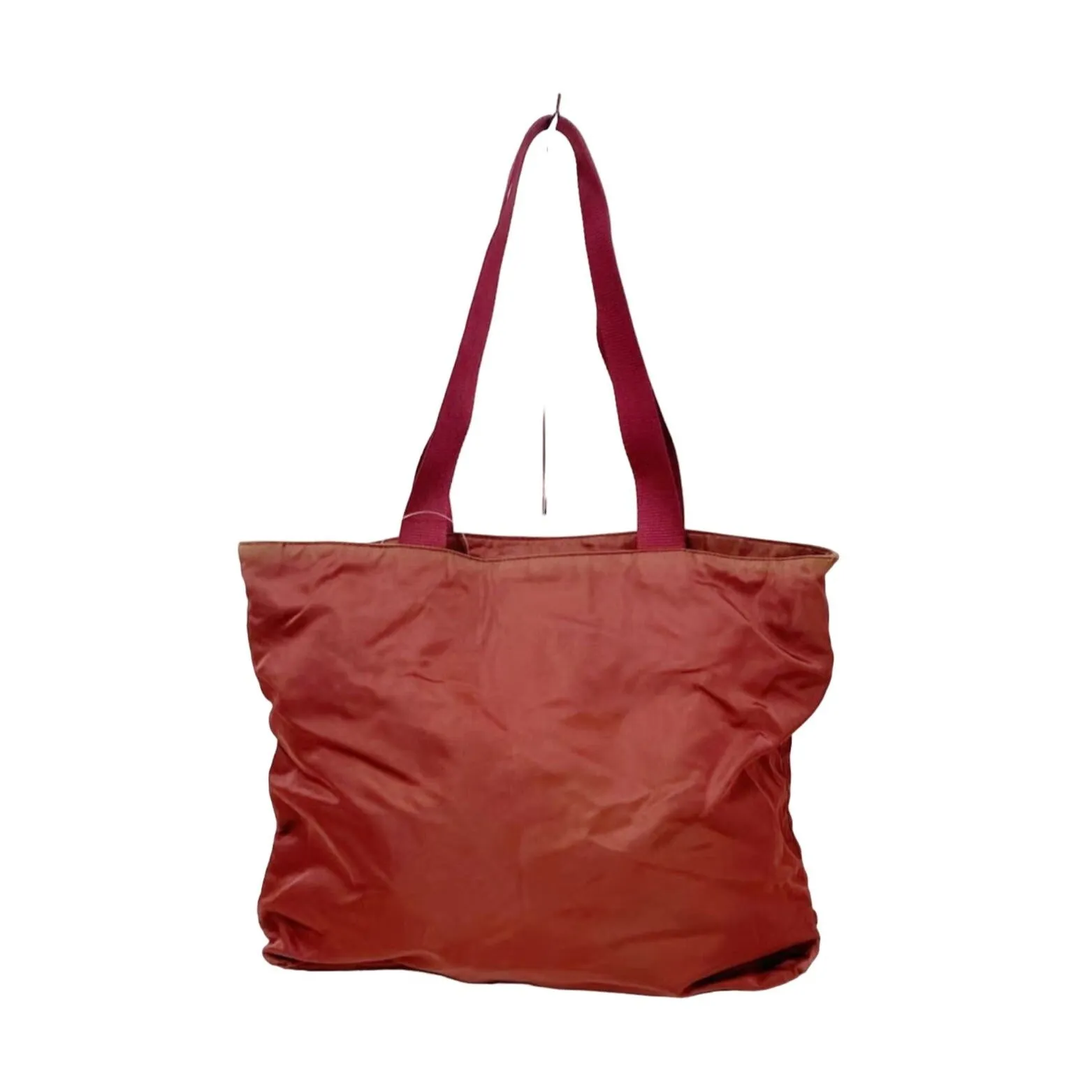 1990s Prada, dark red nylon & patent leather, satchel or tote bag with two handles, multiple compartments & pockets, & chrome hardware