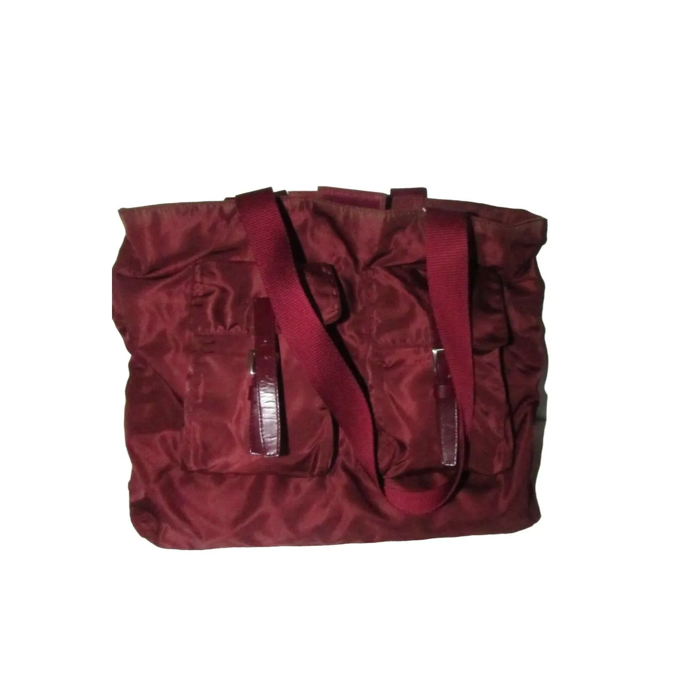 1990s Prada, dark red nylon & patent leather, satchel or tote bag with two handles, multiple compartments & pockets, & chrome hardware
