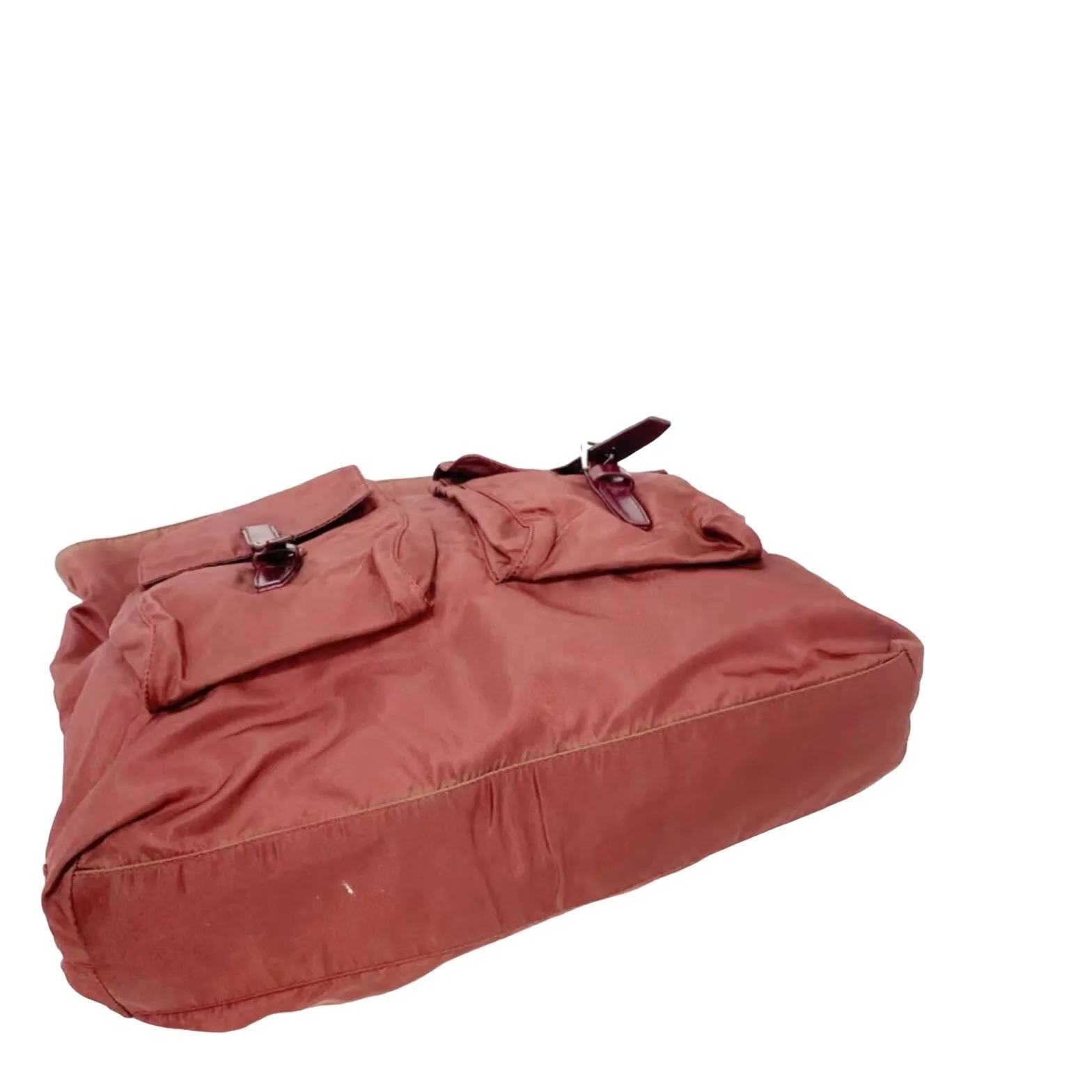 1990s Prada, dark red nylon & patent leather, satchel or tote bag with two handles, multiple compartments & pockets, & chrome hardware