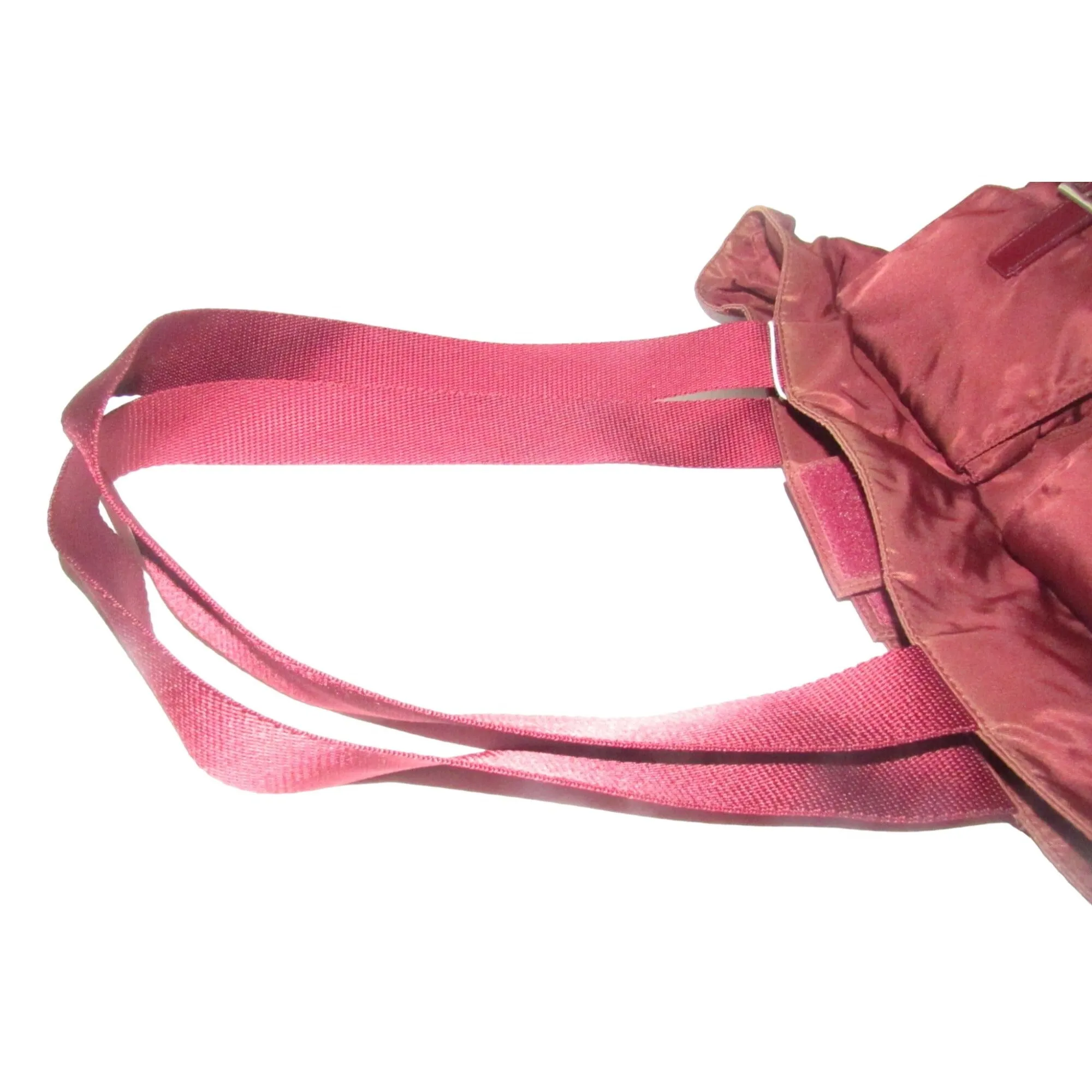 1990s Prada, dark red nylon & patent leather, satchel or tote bag with two handles, multiple compartments & pockets, & chrome hardware