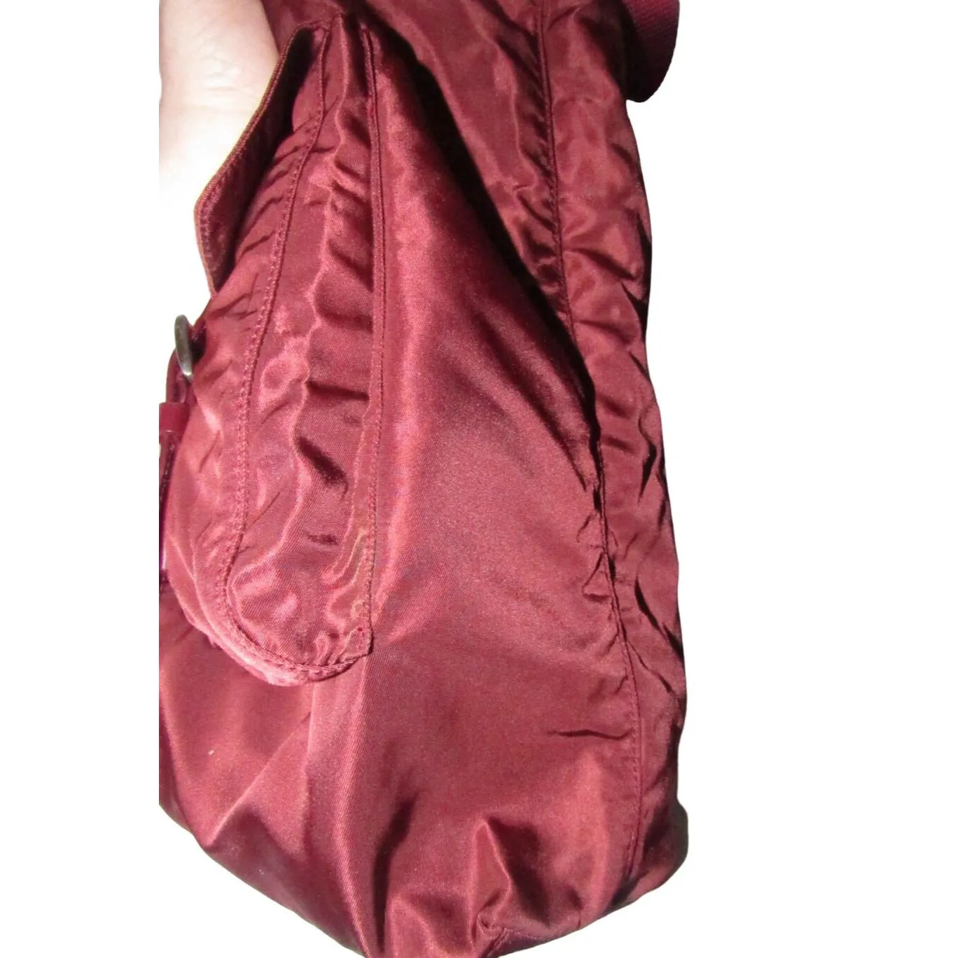 1990s Prada, dark red nylon & patent leather, satchel or tote bag with two handles, multiple compartments & pockets, & chrome hardware