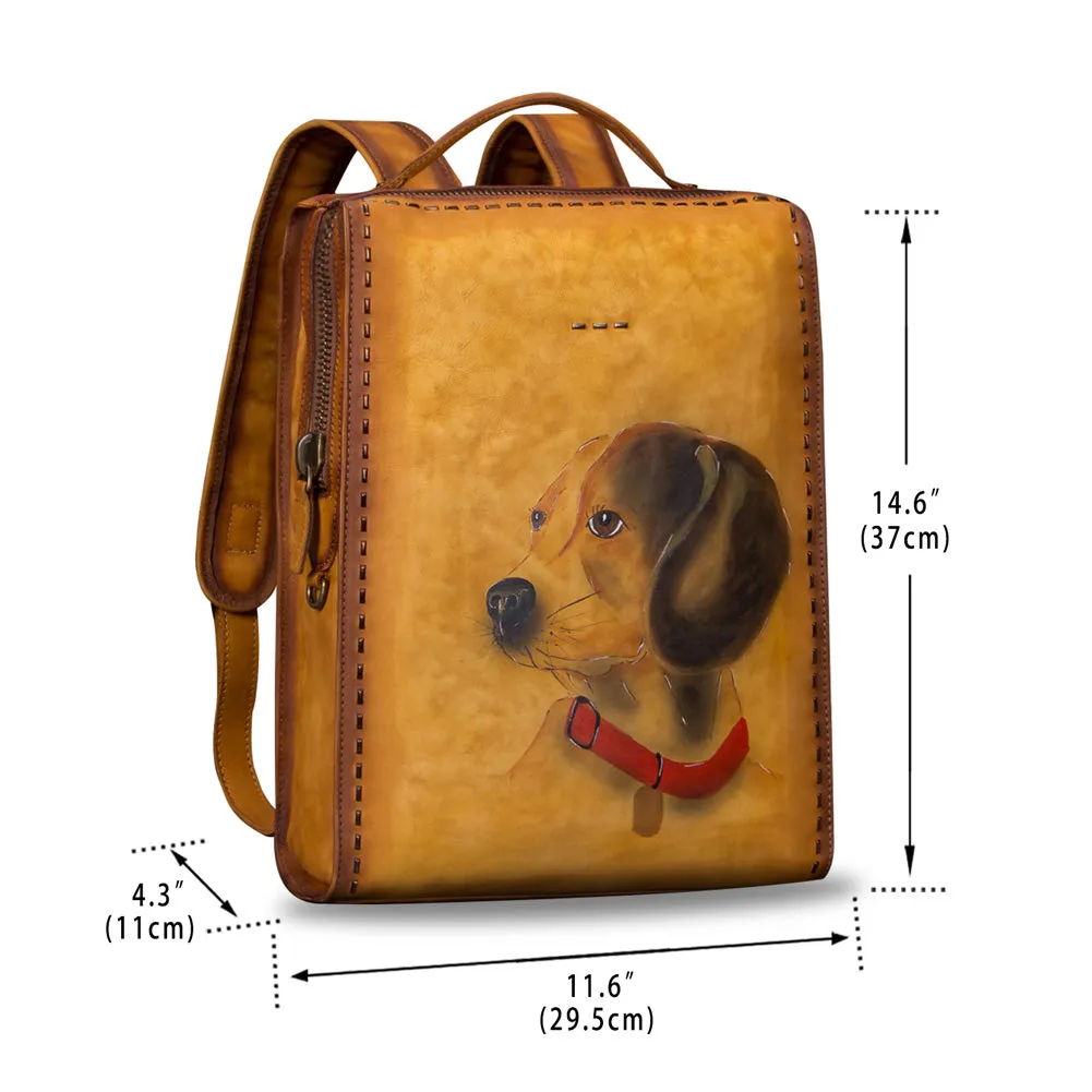 Art Leather Backpack Hand Painted Handmade Satchel Casual Daypack