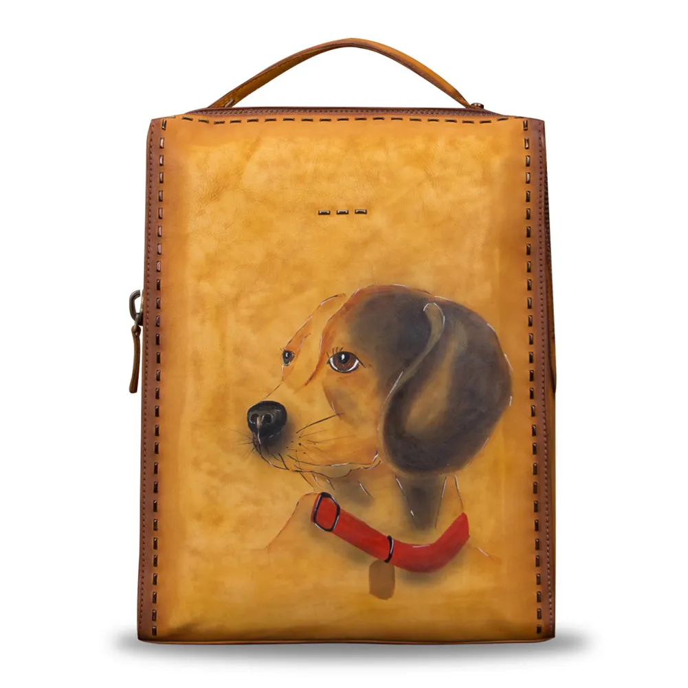 Art Leather Backpack Hand Painted Handmade Satchel Casual Daypack