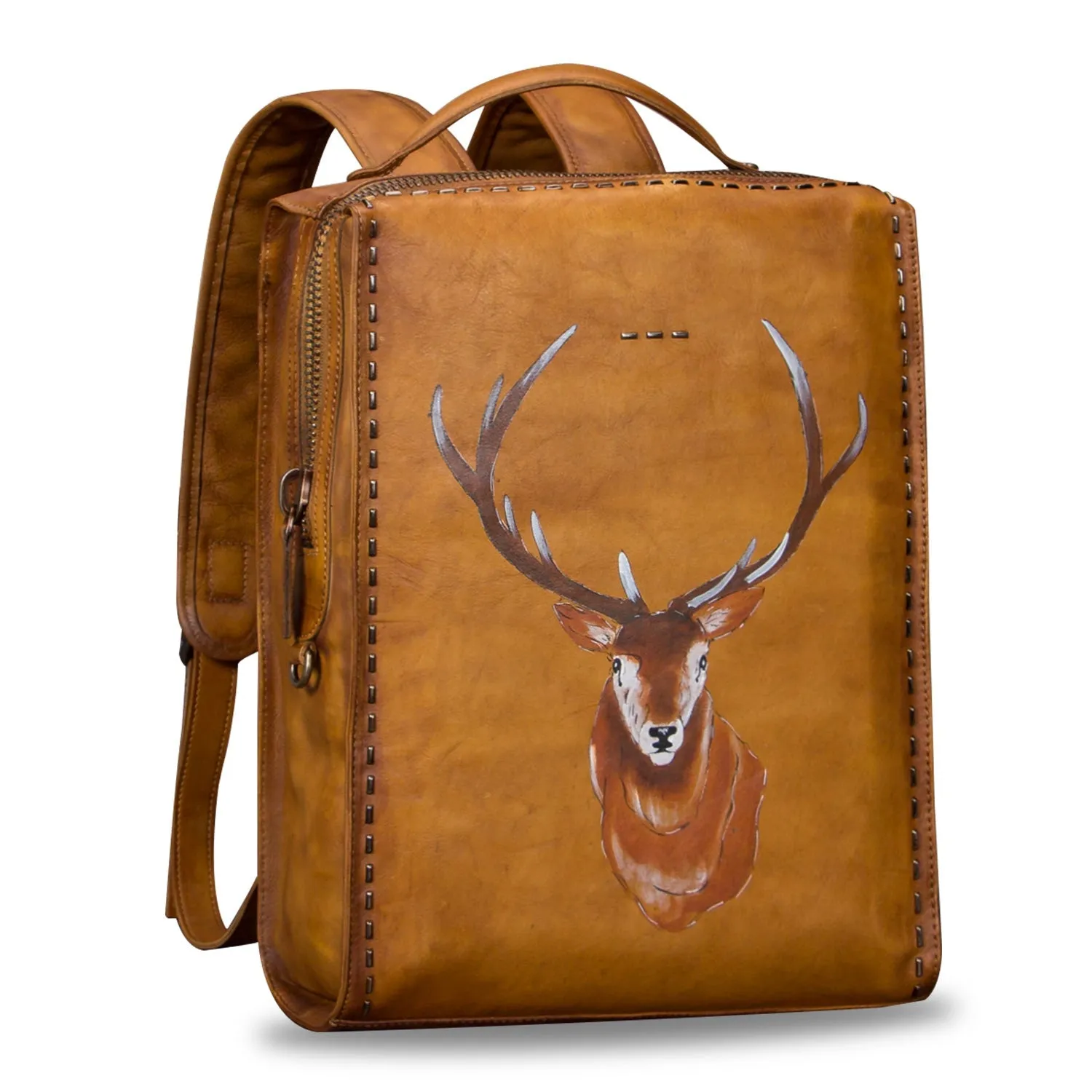 Art Leather Backpack Hand Painted Handmade Satchel Casual Daypack