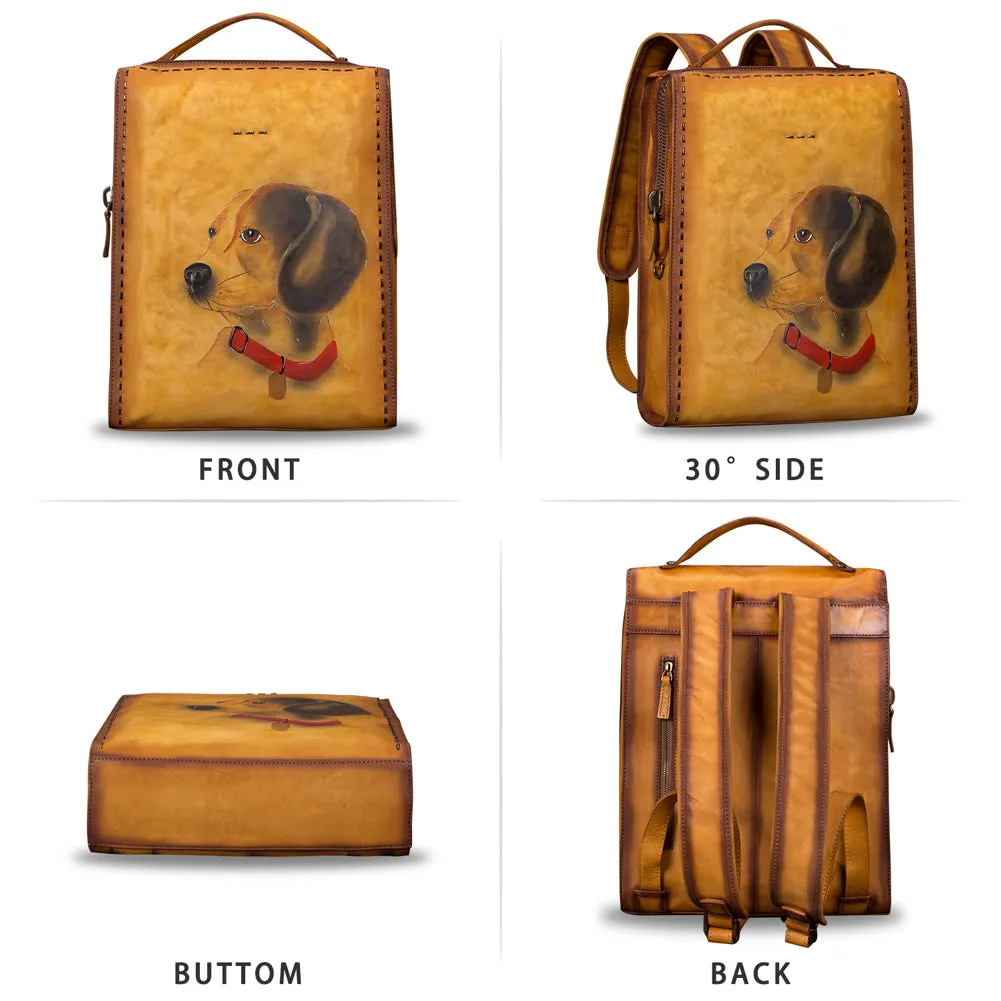 Art Leather Backpack Hand Painted Handmade Satchel Casual Daypack