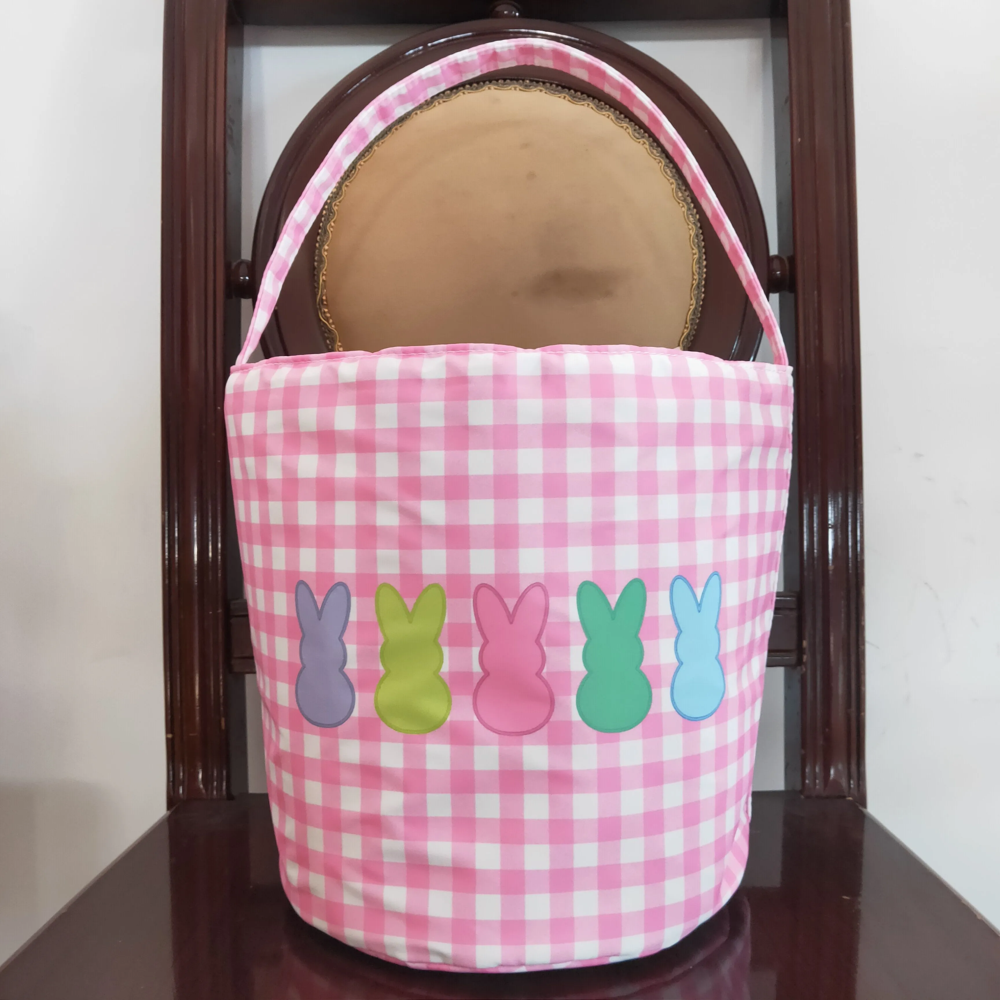 BA0160 plaid pink Easter rabbit canvas bucket bag RTS