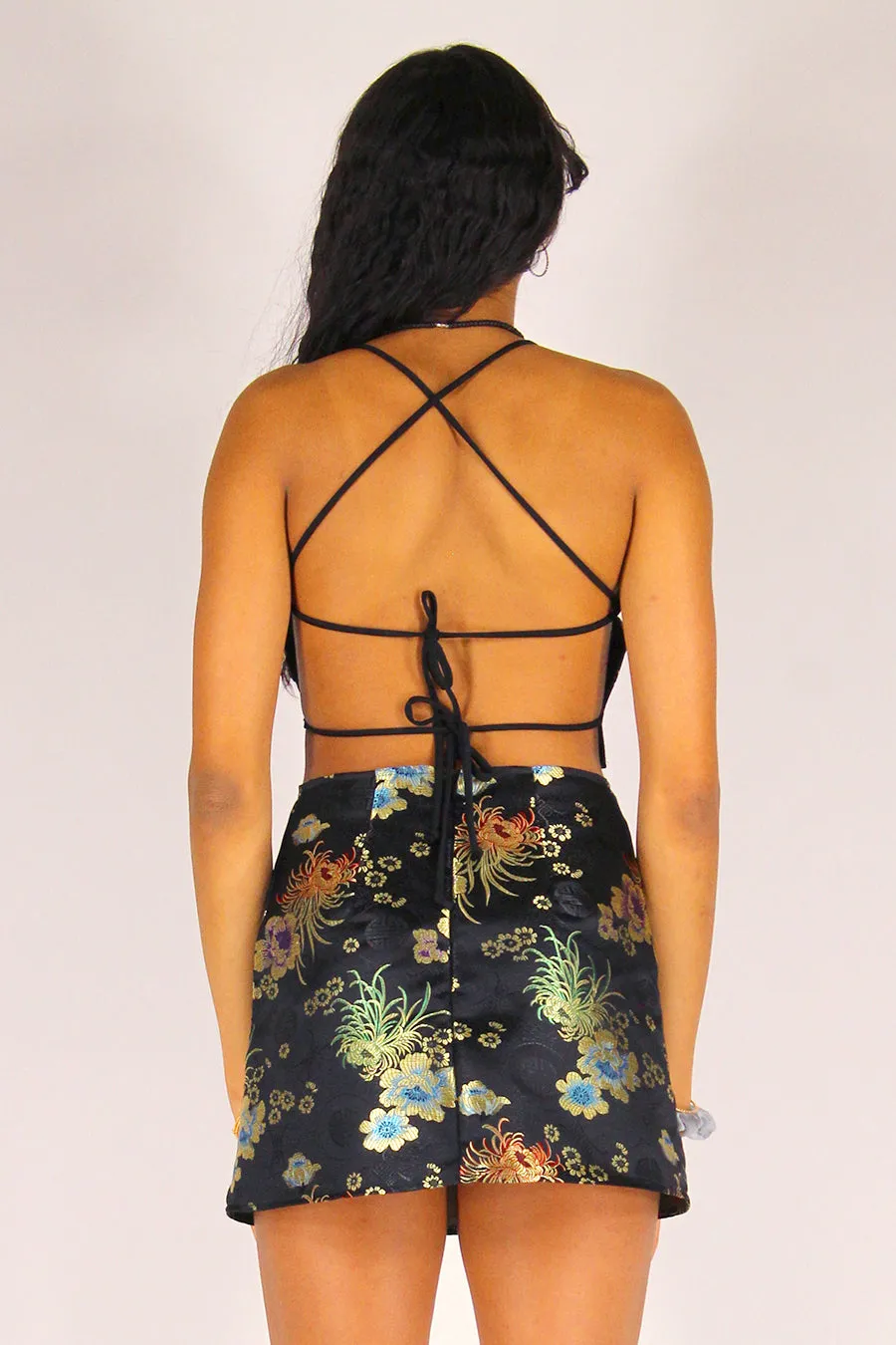 Backless Crop Top - Black Satin with Flowers