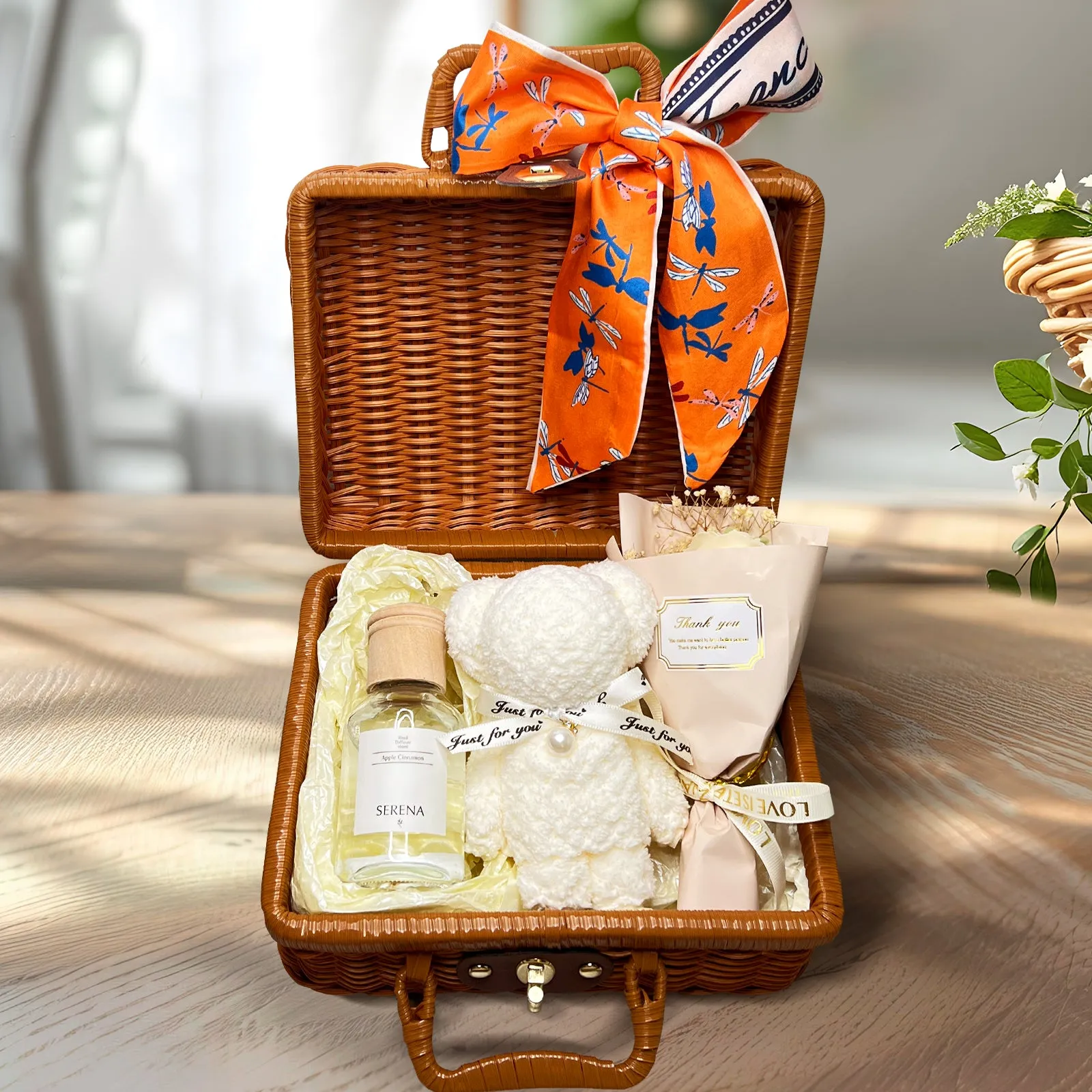 Beautiful Suitcase Gift Basket with Reed Diffuser, Soap Flower & Soft Teddy Towel