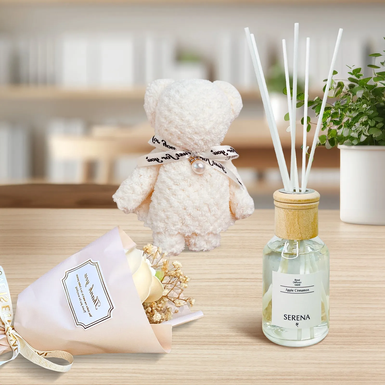 Beautiful Suitcase Gift Basket with Reed Diffuser, Soap Flower & Soft Teddy Towel
