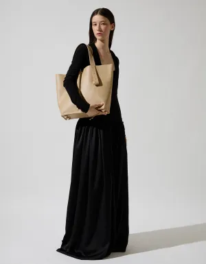 Beige Leather Half Shopper Bag