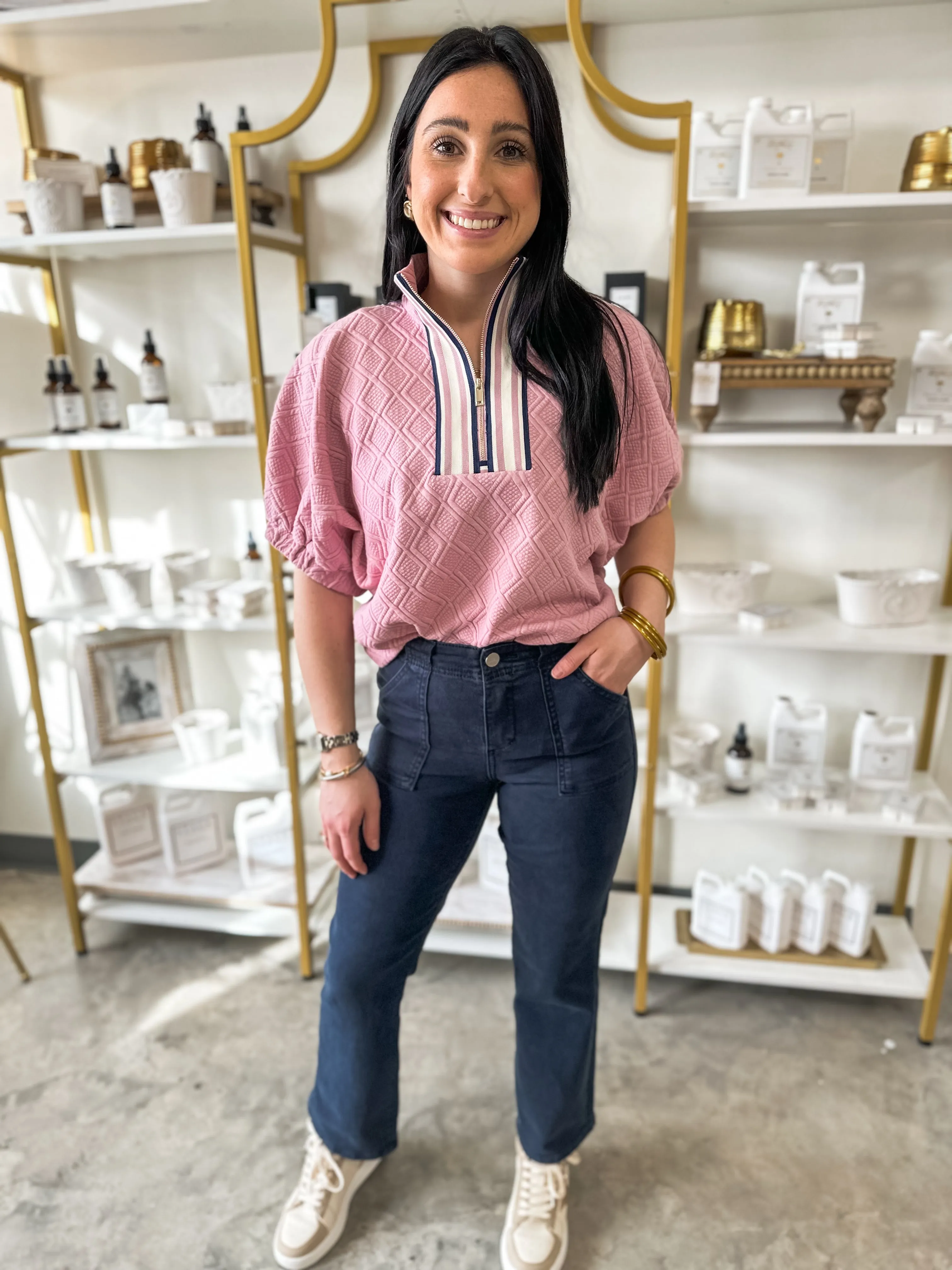 Blueberry Bliss High Rise Ankle Flare Patch Pocket Risen Denim Jeans