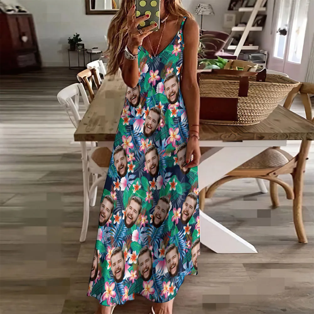 Custom Face Hawaiian Style Colorful Flowers Long Dress And Shirt Family Matching