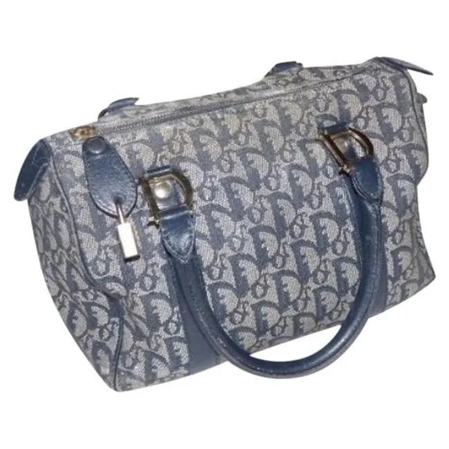 Dior Style Top Handle Blue Trotter Print Embroidered Canvas And Leather Satchel