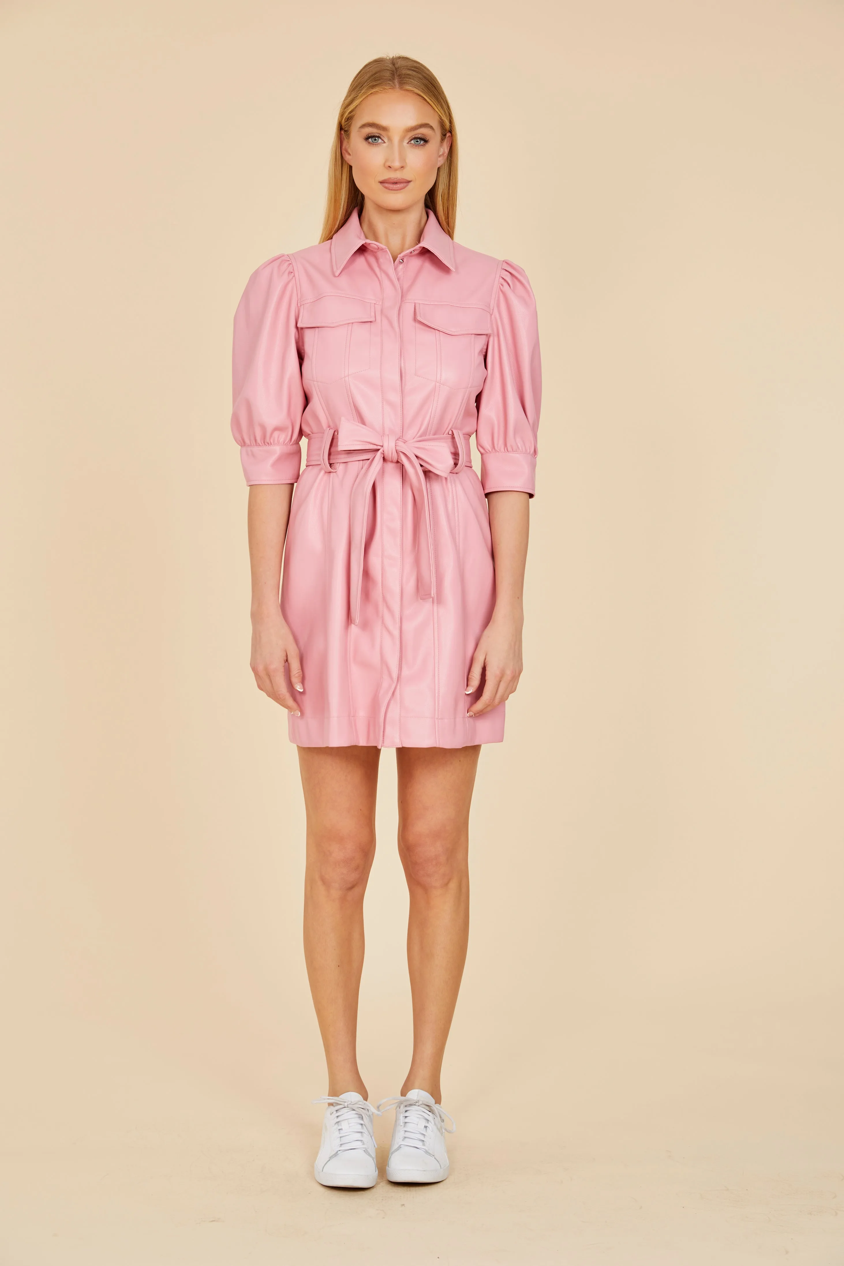 Faux Leather Belted Dress with Puff Sleeves