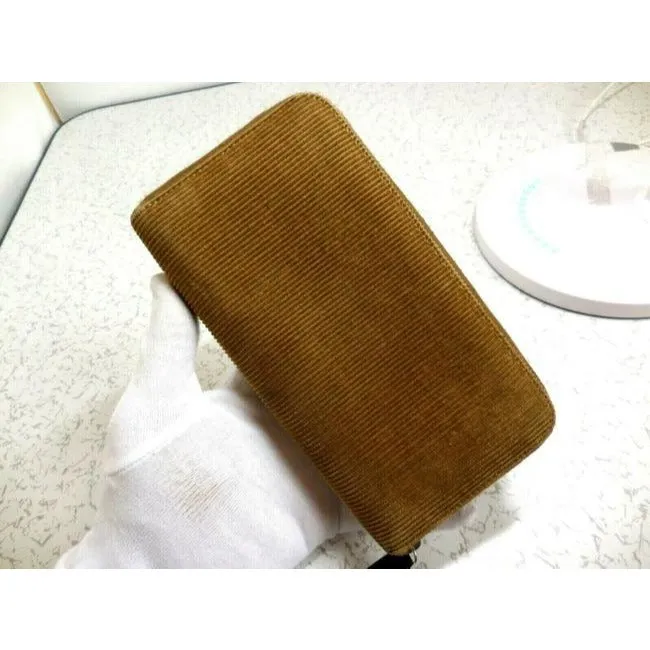 Fendi Camel Colored Corduroy And Brown Leather With Chrome Hardware Xl Around Continental Wallet