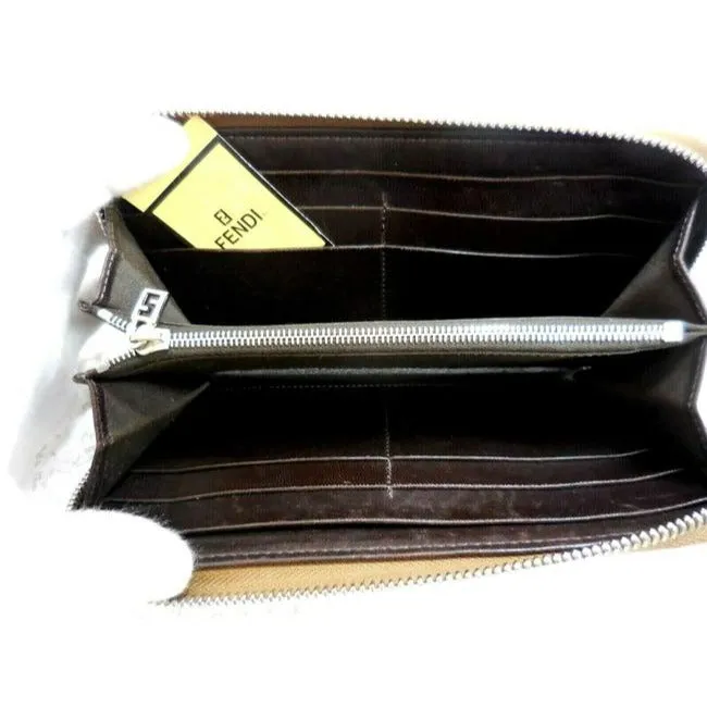 Fendi Camel Colored Corduroy And Brown Leather With Chrome Hardware Xl Around Continental Wallet