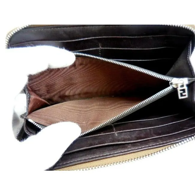 Fendi Camel Colored Corduroy And Brown Leather With Chrome Hardware Xl Around Continental Wallet