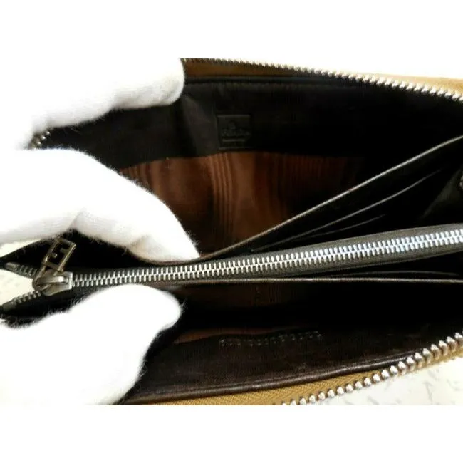Fendi Camel Colored Corduroy And Brown Leather With Chrome Hardware Xl Around Continental Wallet