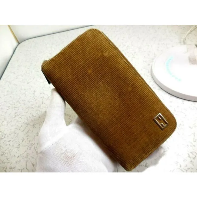 Fendi Camel Colored Corduroy And Brown Leather With Chrome Hardware Xl Around Continental Wallet