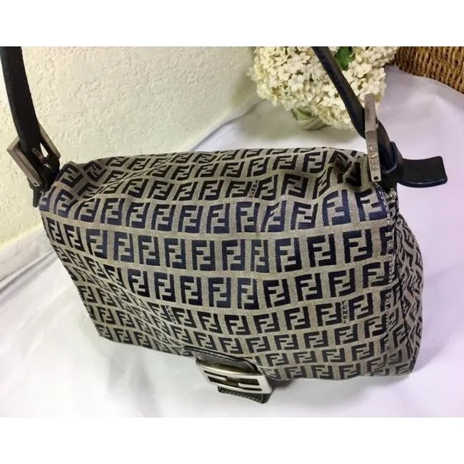 Fendi W Mamma Forever Canvasleather Chrome Ff Navy Zucchino Print On Grey Canvas And Leather Shoulde
