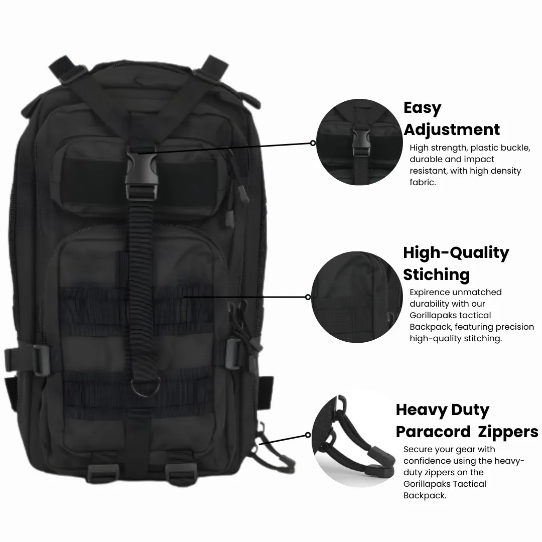 Gorilla Paks™ Small 30L Military Tactical Hydration Backpack (Black) - 2.5L Water Bladder - Assault 3 Day Pack Army Molle Bag Backpacks Rucksack - Hunting, Hiking.