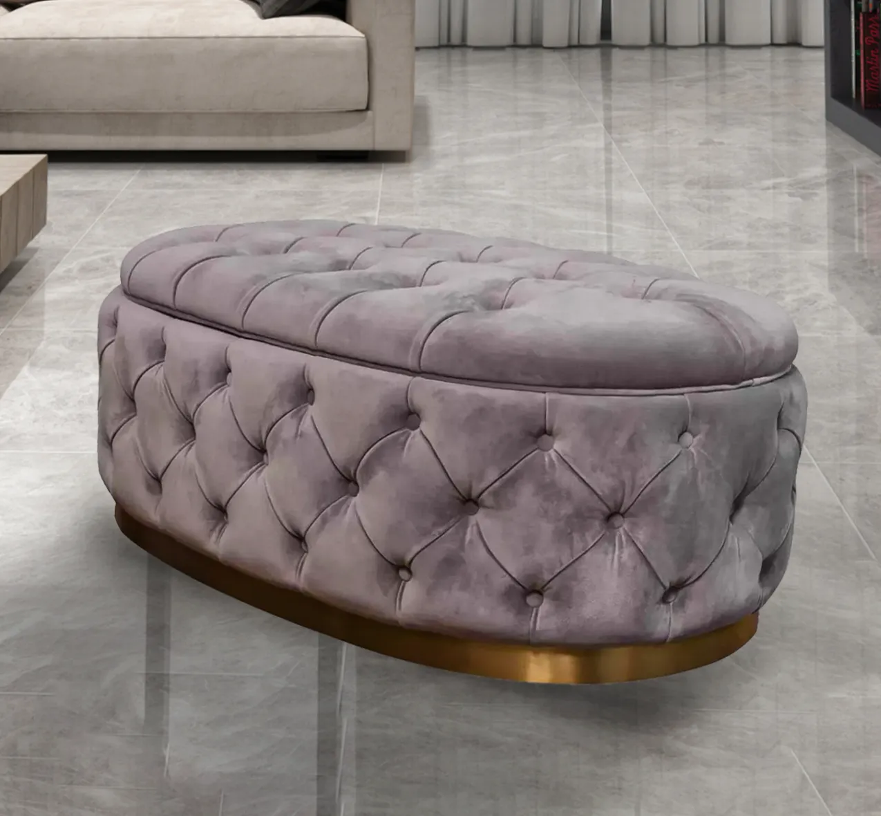 Handmade Opulent Oval Shaped fully Upholstered Storage Ottoman Box