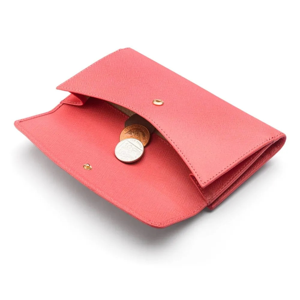 Ladies Tall Leather Purse With Brass Clasp 8 CC - Salmon Pink