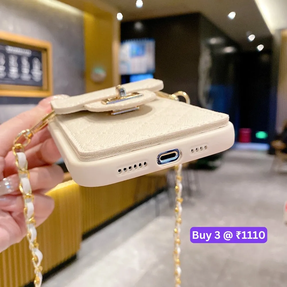 Luxury PU Leather Wallet Silicone Phone Case with Crossbody Chain Card Slot Bag - iPhone 16 Pro