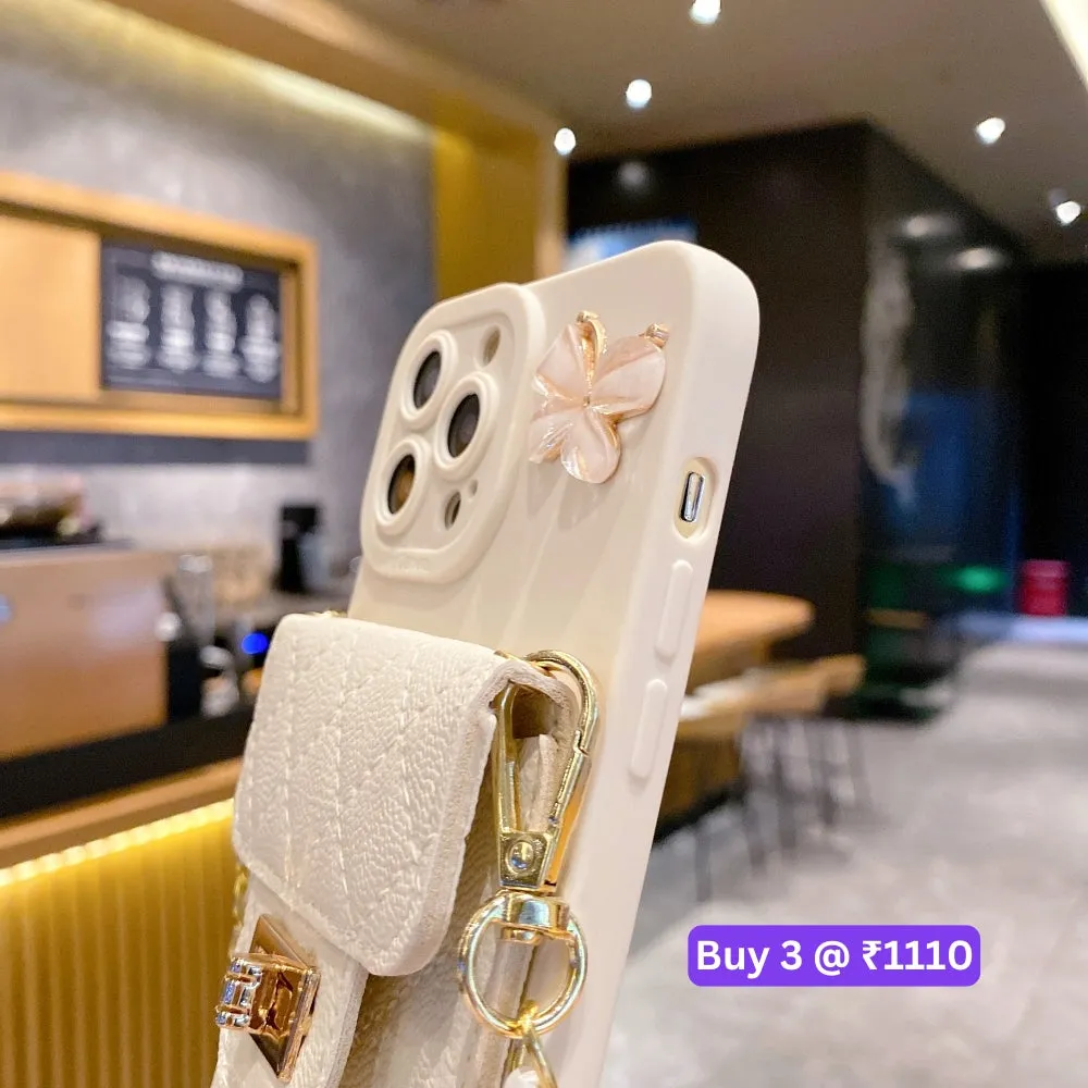 Luxury PU Leather Wallet Silicone Phone Case with Crossbody Chain Card Slot Bag - iPhone 16 Pro