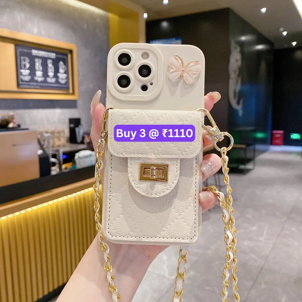Luxury PU Leather Wallet Silicone Phone Case with Crossbody Chain Card Slot Bag - iPhone 16 Pro