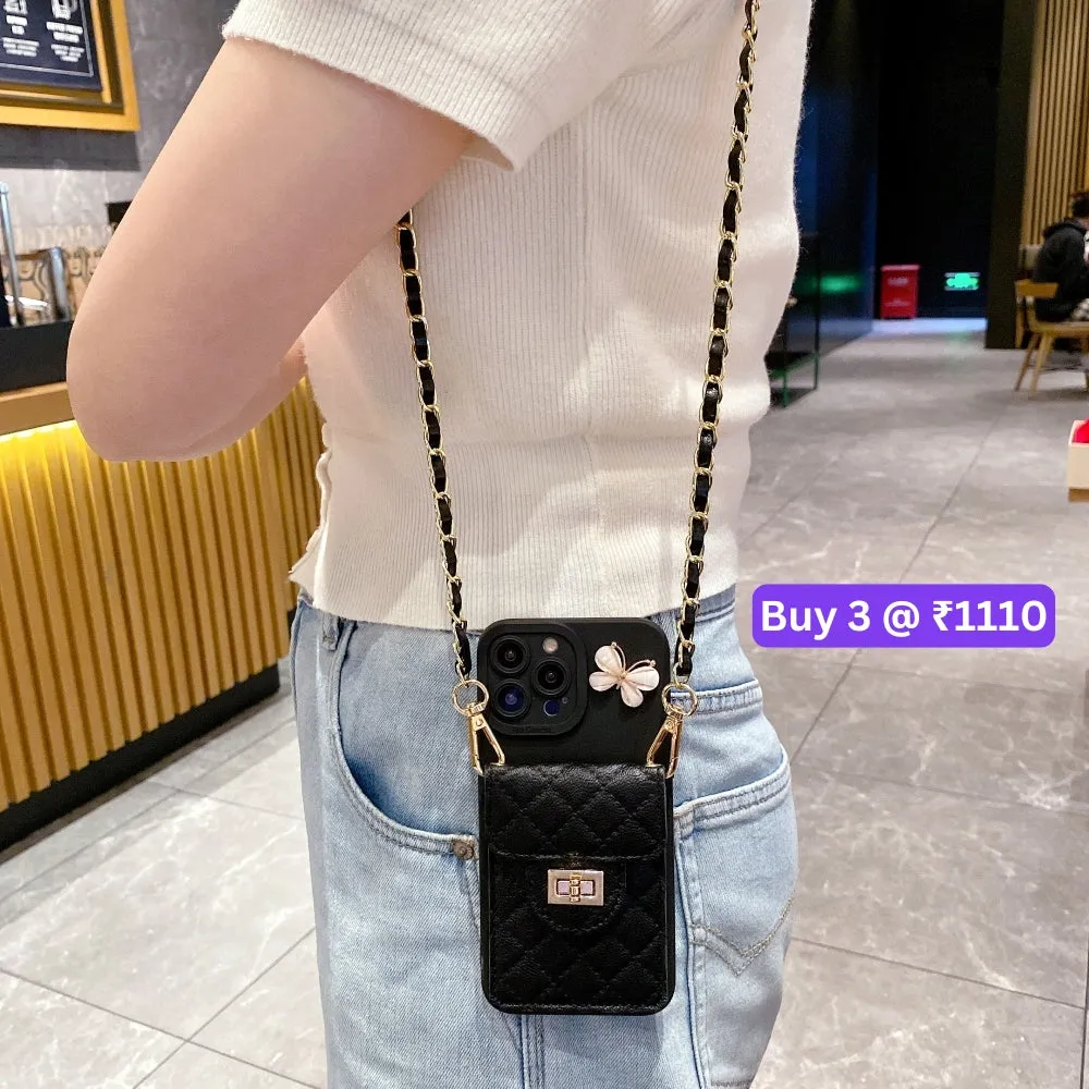 Luxury PU Leather Wallet Silicone Phone Case with Crossbody Chain Card Slot Bag - iPhone 16 Pro