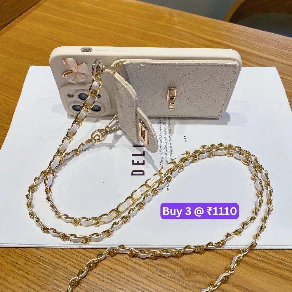Luxury PU Leather Wallet Silicone Phone Case with Crossbody Chain Card Slot Bag - iPhone 16 Pro