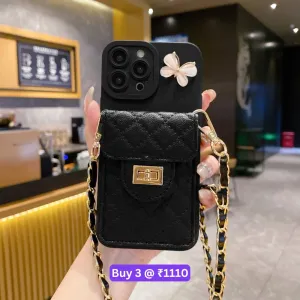 Luxury PU Leather Wallet Silicone Phone Case with Crossbody Chain Card Slot Bag - iPhone 16 Pro