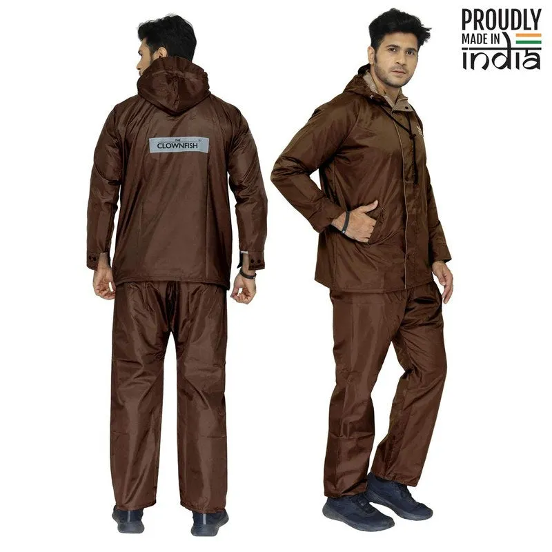 Men Rain Coat - Reversible Waterproof with Hood and Safety Features | Set of Top and Bottom | Large | Prime Brown