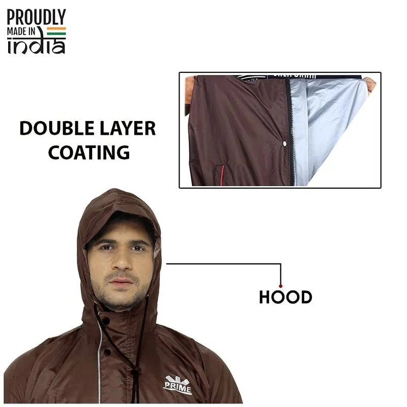 Men Rain Coat - Reversible Waterproof with Hood and Safety Features | Set of Top and Bottom | Large | Prime Brown