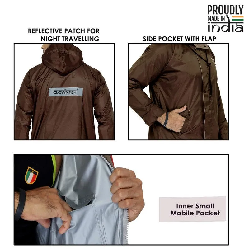 Men Rain Coat - Reversible Waterproof with Hood and Safety Features | Set of Top and Bottom | Large | Prime Brown