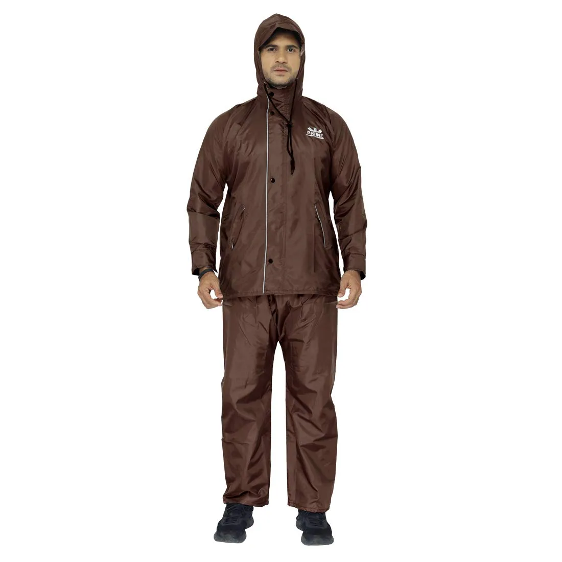 Men Rain Coat - Reversible Waterproof with Hood and Safety Features | Set of Top and Bottom | Large | Prime Brown