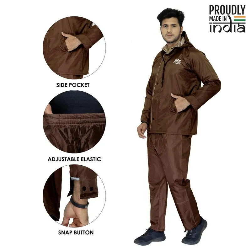 Men Rain Coat - Reversible Waterproof with Hood and Safety Features | Set of Top and Bottom | Large | Prime Brown