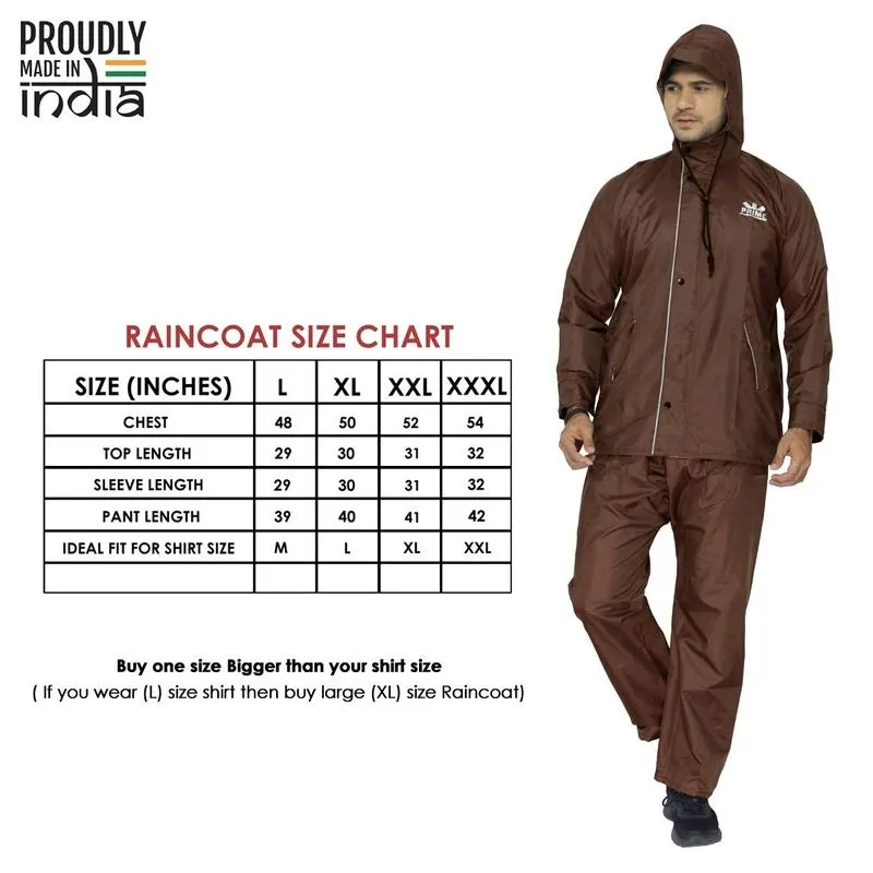 Men Rain Coat - Reversible Waterproof with Hood and Safety Features | Set of Top and Bottom | Large | Prime Brown