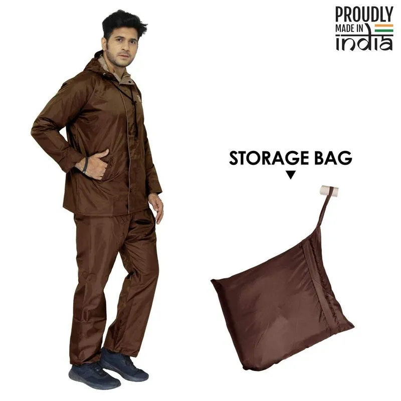 Men Rain Coat - Reversible Waterproof with Hood and Safety Features | Set of Top and Bottom | Large | Prime Brown