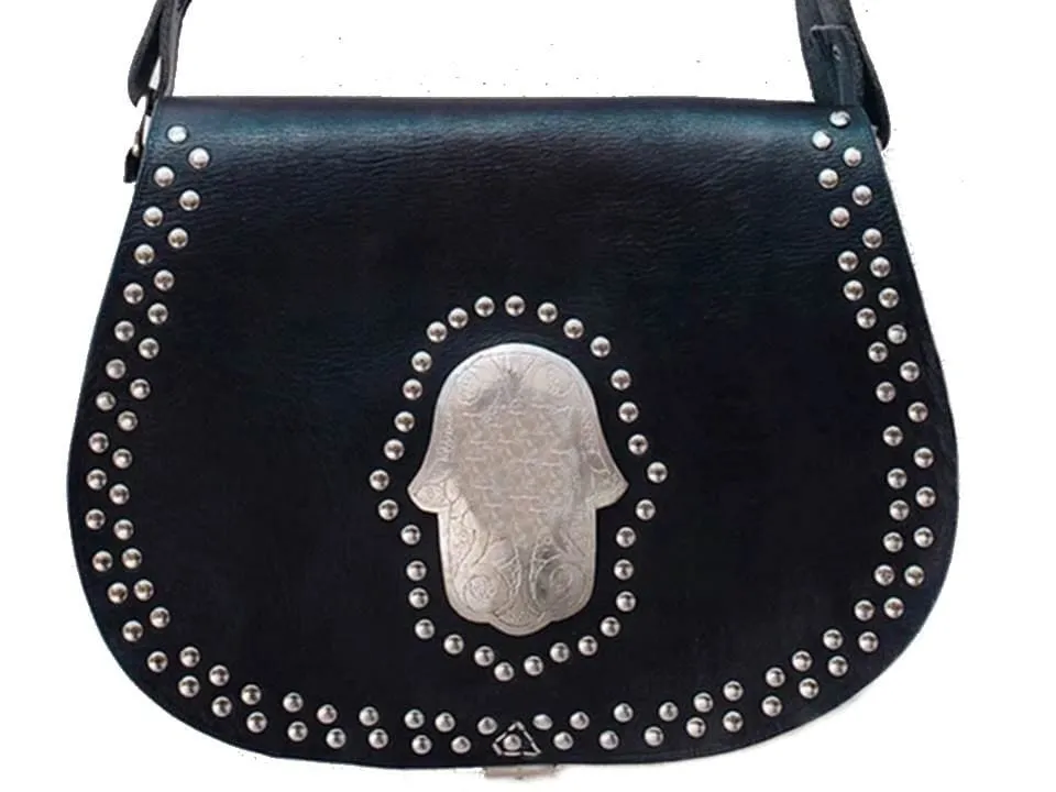 Morocco Gypsy Leather Bag - Hamsa Médaillon - Black