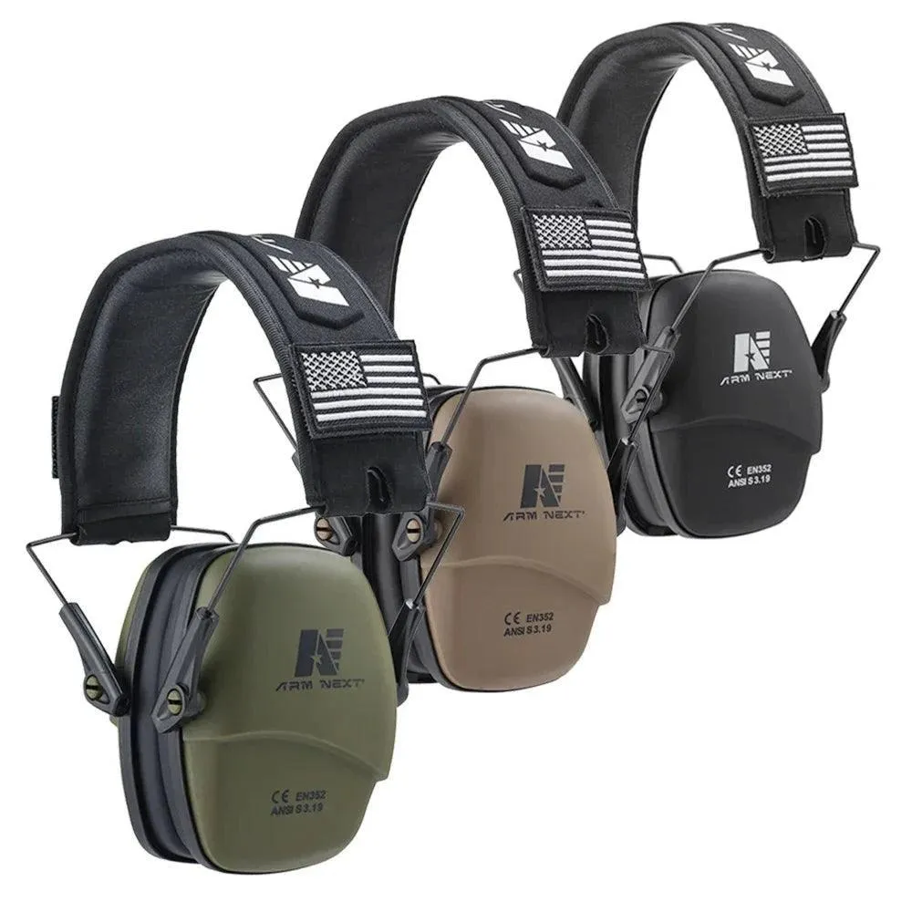 Noise Cancelling Ear Protection Earmuffs, Low-Profile, Soft Foam Ear Pads, Compact Folding Design, Available in Black, Brown, Green