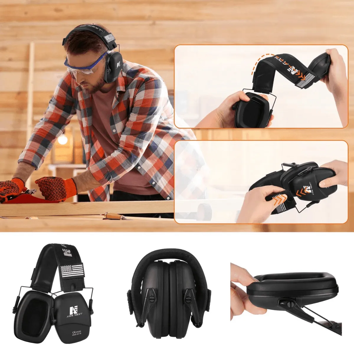 Noise Cancelling Ear Protection Earmuffs, Low-Profile, Soft Foam Ear Pads, Compact Folding Design, Available in Black, Brown, Green
