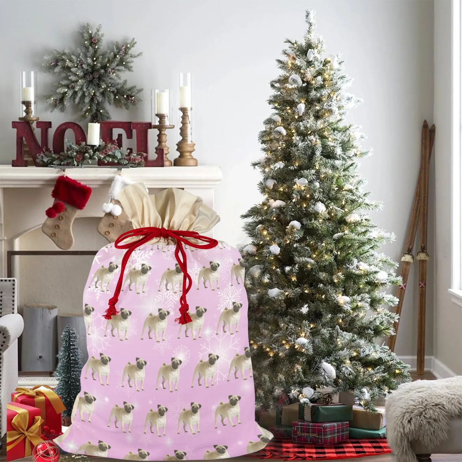Pug Holiday Drawstring Bag