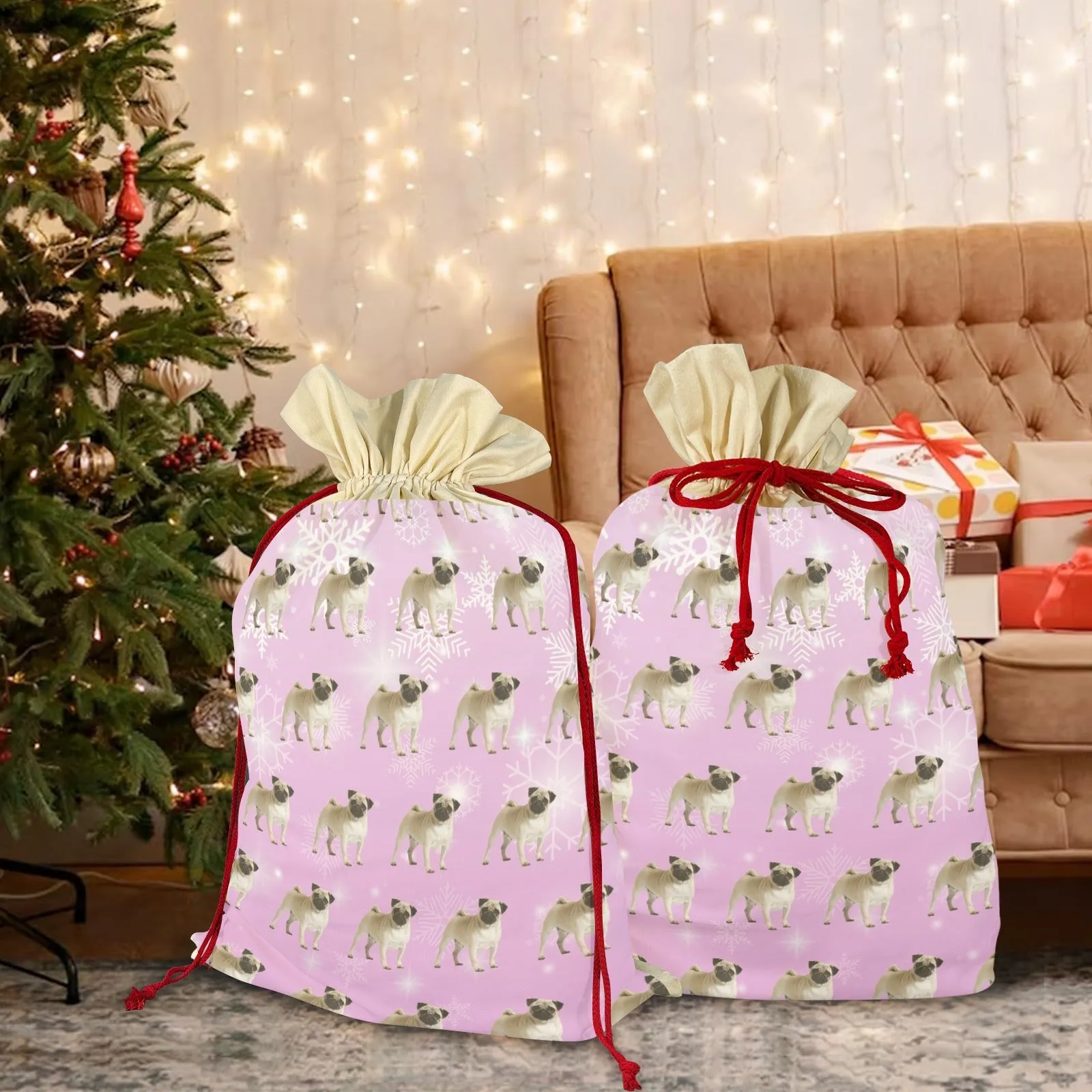 Pug Holiday Drawstring Bag