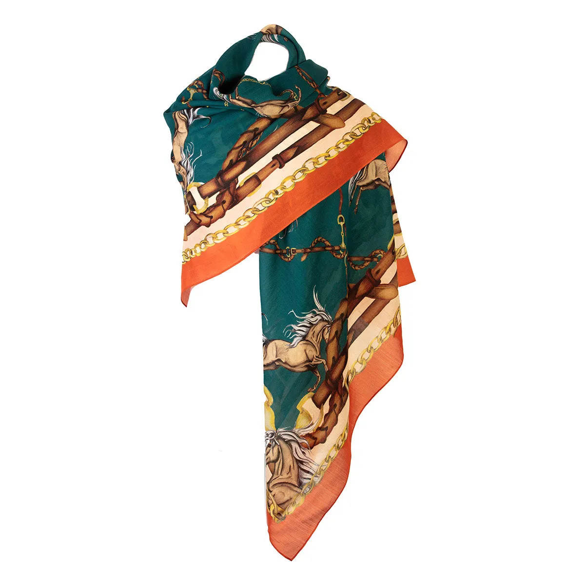 Rearing To Go Teal & Rust Wool Silk Shawl