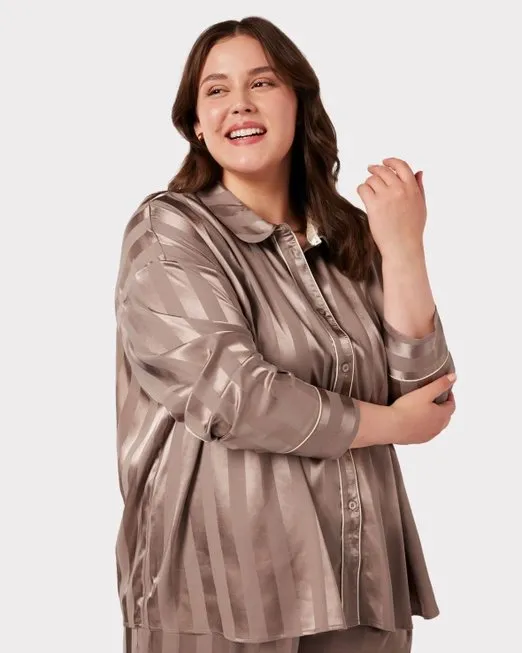 Satin Beige Jacquard Stripe Long Pj Set