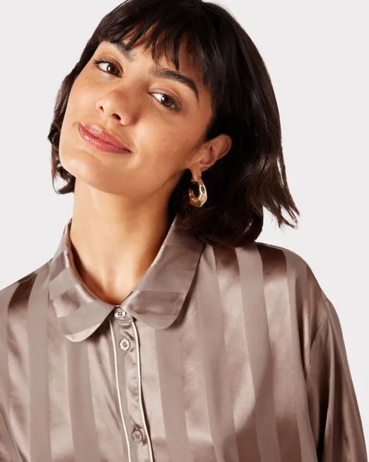 Satin Beige Jacquard Stripe Long Pj Set